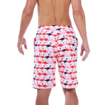 Paris Beach Flamingo Print Long Swim Trunks // Rose (XL)