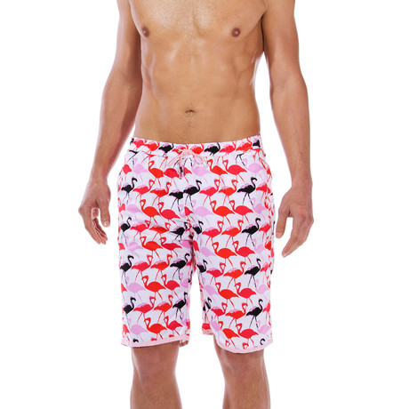 Paris Beach Flamingo Print Long Swim Trunks // Rose (XS)