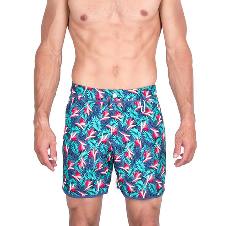 Tom Palm Print Swim Trunks // Teal + Blue (XS)