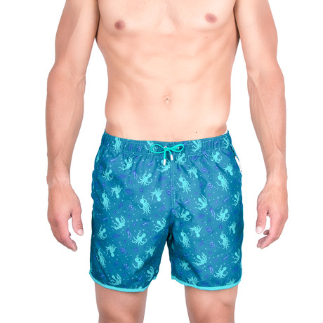 Leonardo Octopus Print Swim Trunks // Teal + Blue (XS)