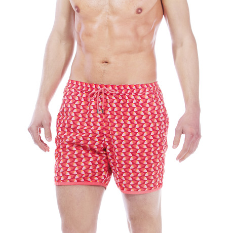 Paris Beach Fan Print Swim Trunks // Red (XS)