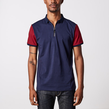 Zipper Polo Shirt + Accent Sleeves // Navy (S)