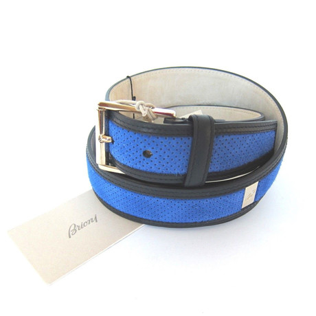 Brioni // Leather Solid Brass Gold Buckle // Blue + Black (32)