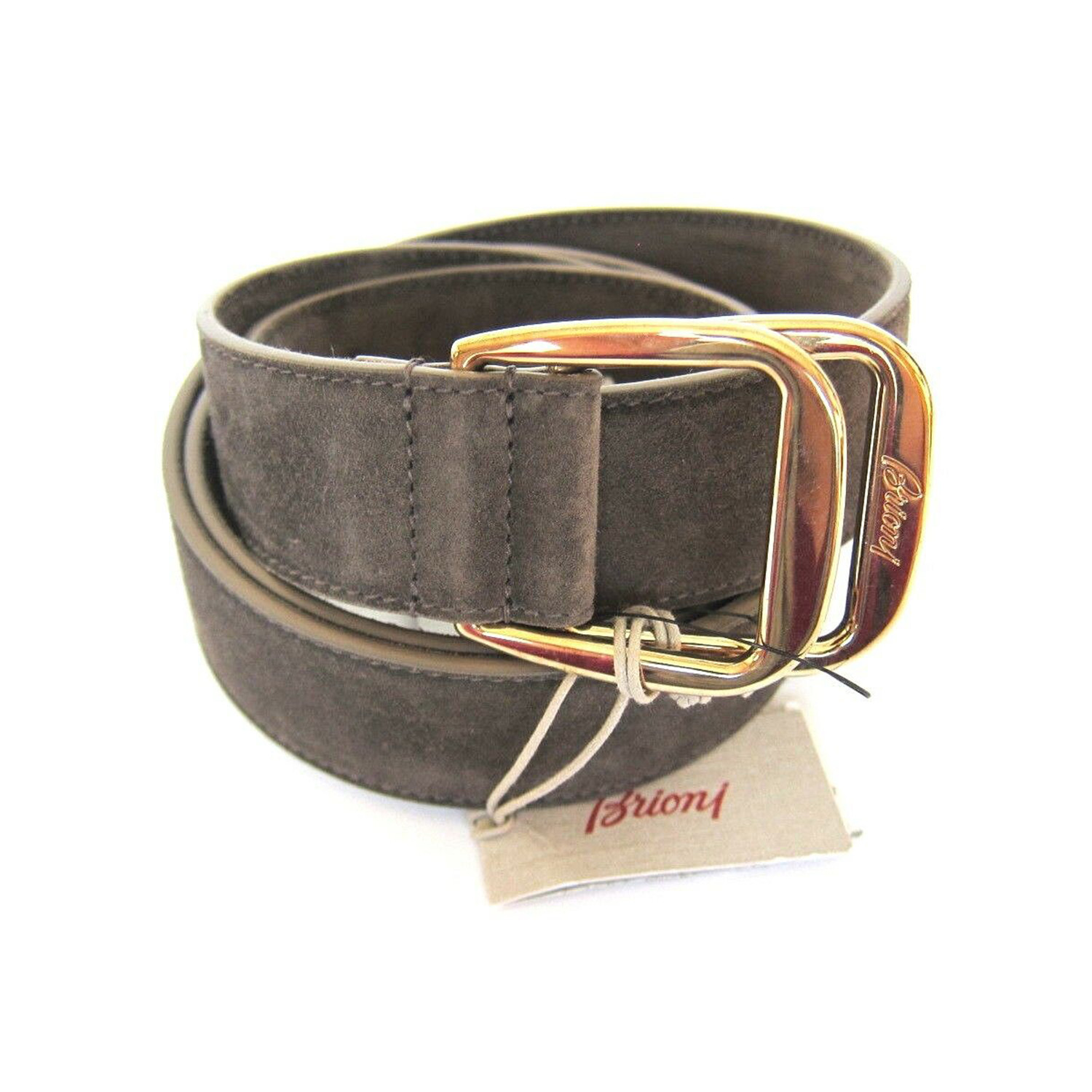 Brioni Mens Medium Brown Leather Logo Gold Buckle Belt