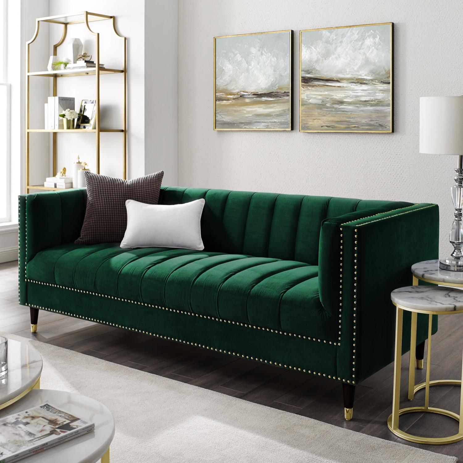 Geoffey Velvet Sofa Slate Blue Chrome Nicole Miller Touch