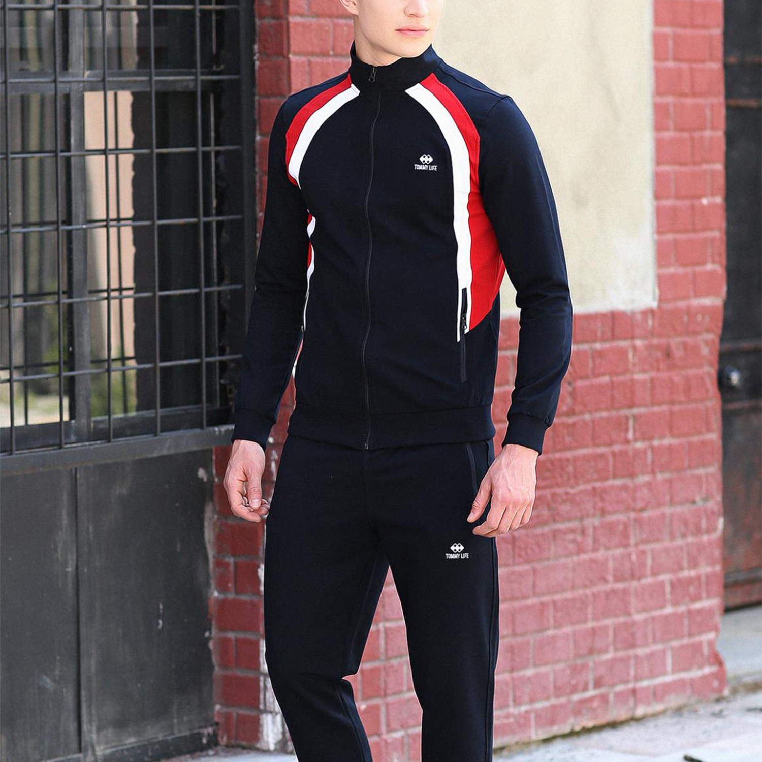 navy blue and red tracksuit