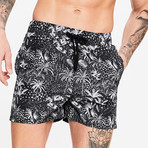 Hawaiian Tropical Printed Swim Short // Black + White (XL)