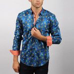 Hektor Print Button-Up Shirt // Navy (L)