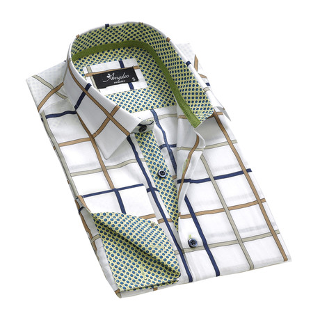 Reversible Cuff French Cuff Shirt // White + Blue + Green Check (S)