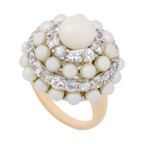 Mimi Milano 18k Two-Tone Gold White Sapphire + White Cultured Pearl Ring // Ring Size: 7.25
