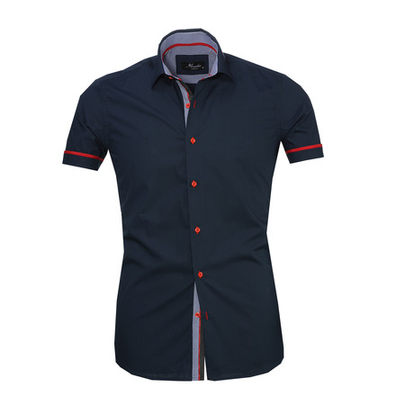 Colored Buttons Short Sleeve Button Down Shirt // Navy + Red (S)