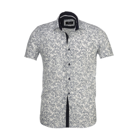 Floral Short Sleeve Button Down Shirt // White + Navy Blue (XL)