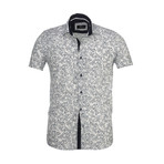 Floral Short Sleeve Button Down Shirt // White + Navy Blue (L)
