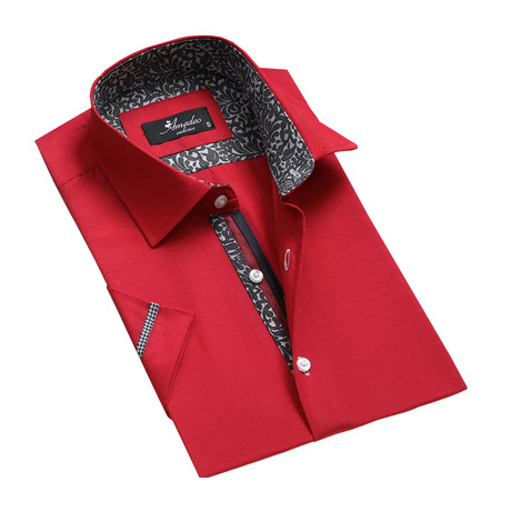 Amedeo Exclusive // Paisley Trim Short Sleeve Button Down Shirt // Red (S)