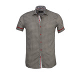 Checkered Short Sleeve Button Down Shirt // Beige + Black (S)