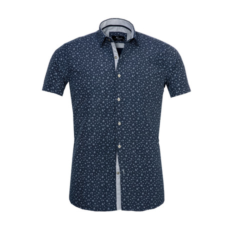 Dotted Floral Short Sleeve Button Down Shirt // Blue (S)