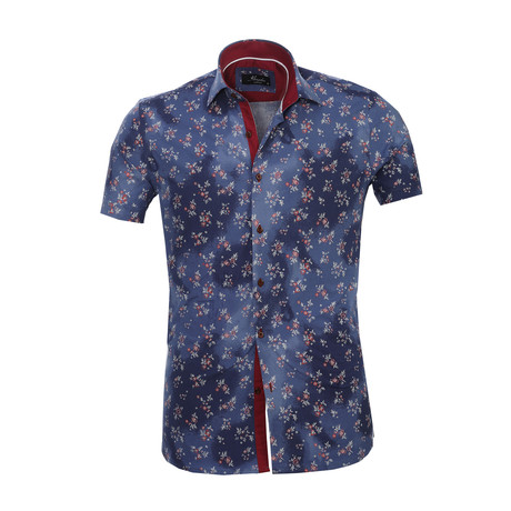 Floral Sheen Short Sleeve Button Down Shirt // Blue + Red (S)