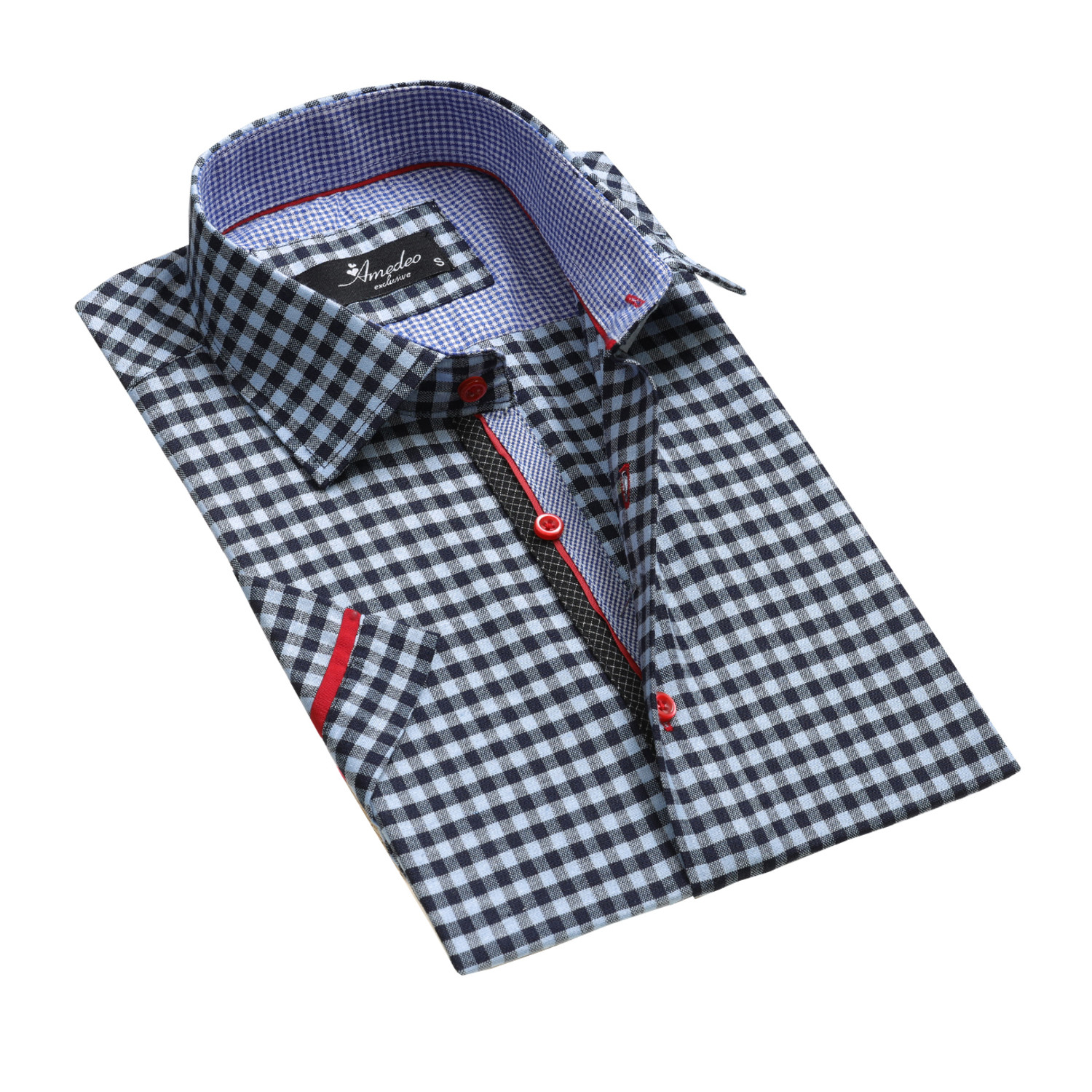 Checkered Short Sleeve Button Down Shirt // Light Blue + Black (S ...