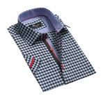 Checkered Short Sleeve Button Down Shirt // Light Blue + Black (M)