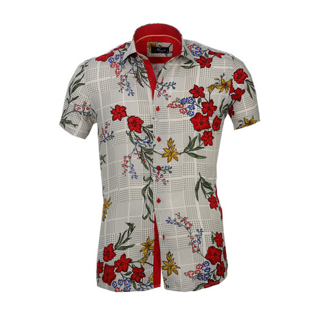 Floral Short Sleeve Button Down Shirt // Beige + Red (S)