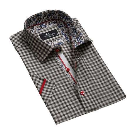 Checkered Short Sleeve Button Down Shirt // Beige + Black (L)