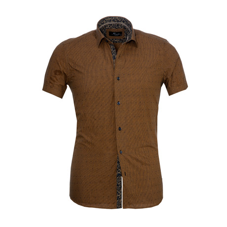 Checkered Short Sleeve Button Down Shirt // Light Brown (XL)