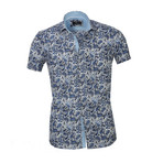 Paisley Short Sleeve Button Down Shirt // White + Blue (L)