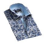 Paisley Short Sleeve Button Down Shirt // White + Blue (S)