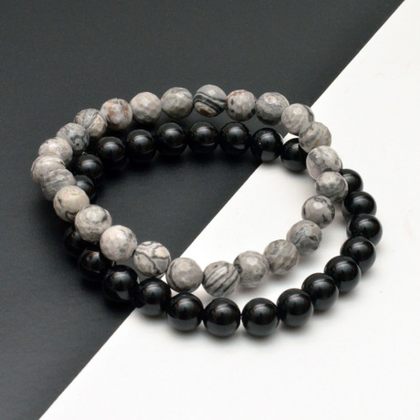 Marble Jade Beaded Bracelet Set // Black + Gray