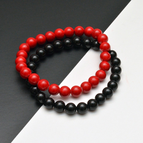 Jade Beaded // Black + Red // Bracelet Set