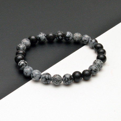 Snowflake Obsidian Beaded Bracelet // Black + Gray