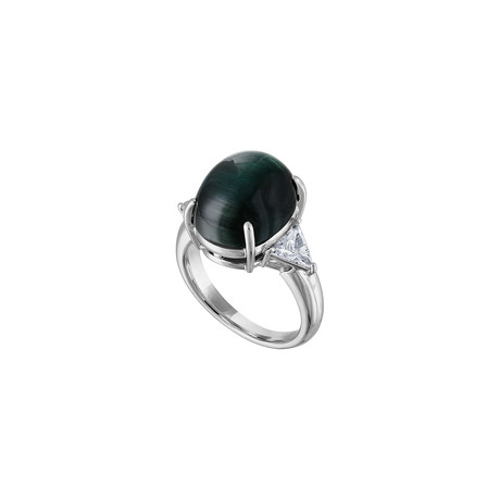 Vintage Tasaki Platinum Green Cat's Eye + Trillion Diamond Ring // Ring Size: 6.25
