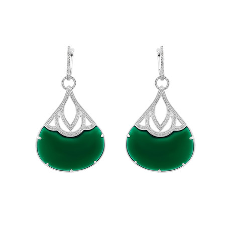 Estate 18k White Gold Diamond + Green Agate Earrings