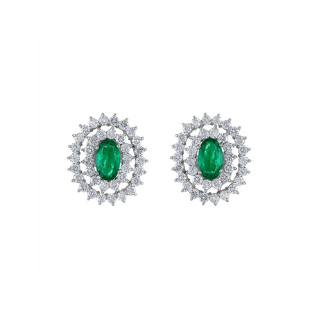 Estate 18k White Gold Diamond + Emerald Earrings