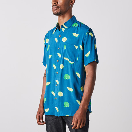 Visitor // Lime Printed Short Sleeve Shirt // Blue (S)