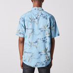 Visitor // Bird Print Short Sleeve Shirt // Blue (M)