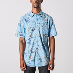Visitor // Bird Print Short Sleeve Shirt // Blue (M)