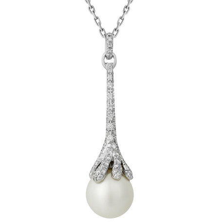 Mikimoto 18k White Gold Diamond + Cultured Pearl Pendant Necklace