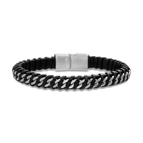 Leather Wrapped Cord Curb Chain Bracelet // Black