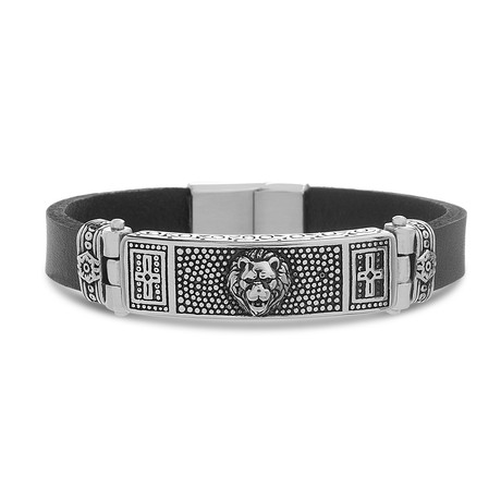 Stainless Steel + Leather Lion Design Bracelet // Silver + Black