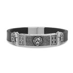 Stainless Steel + Leather Lion Design Bracelet // Silver + Black