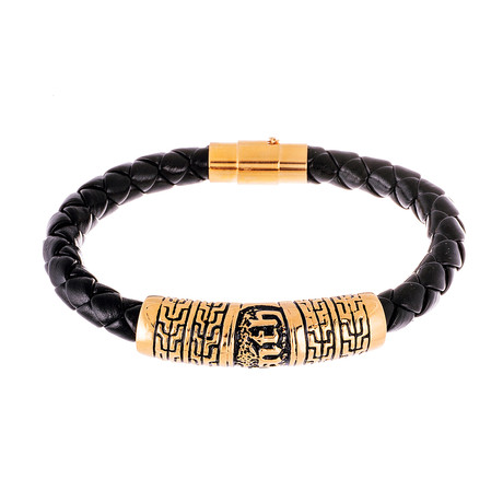 Stainless Steel + Braided Leather Bracelet // Gold + Black