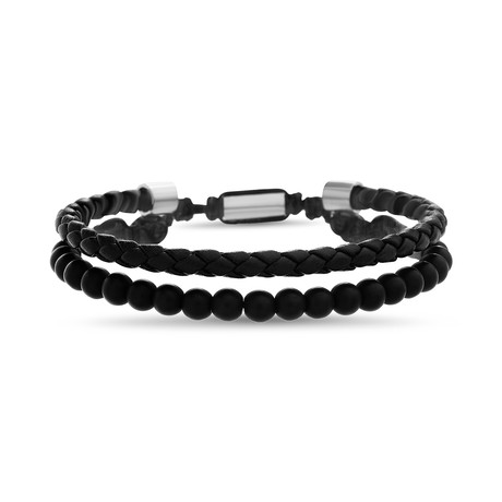Stainless Steel + Leather + Beaded Double-Strand Bracelet // Black + Silver