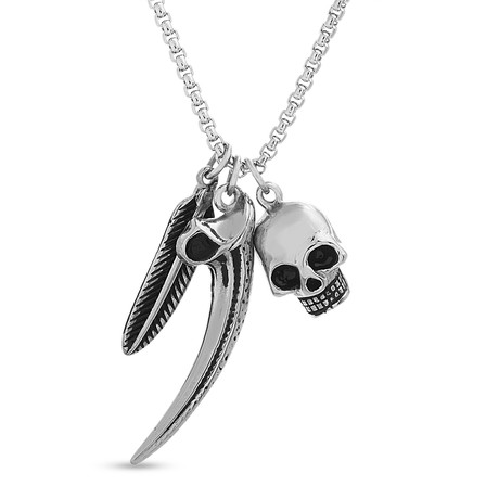 Stainless Steel Feather + Tooth + Skull Necklace // Silver