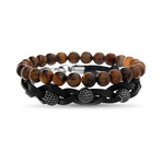 Onyx + Tiger's Eye Beaded Leather Bracelet Set // 2-Pack // Brown + Black + Silver