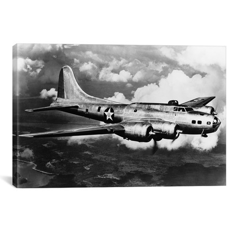 World War II Airplane Boeing B-17E Bomber Flying Through Clouds // 1940s (26"W x 18"H x 0.75"D)