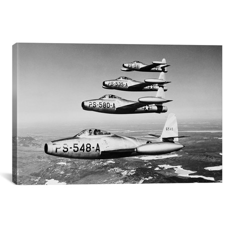 Four US Air Force F-84 Thunderjet Fighter Bomber Airplanes In Flight Formation // 1950s (26"W x 18"H x 0.75"D)