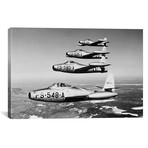 Four US Air Force F-84 Thunderjet Fighter Bomber Airplanes In Flight Formation // 1950s (26"W x 18"H x 0.75"D)