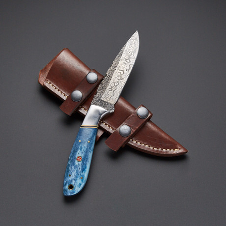 Blue Camel Bone Hammered Damascus Knife