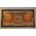 Framed Vintage Mid-Century Linen Screen Print Chariot Wall Hanging